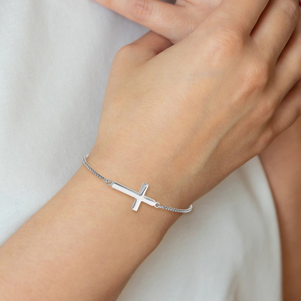 Sterling Silver Rhodium-plated Polished Cross Adjustable Bracelet QG6387