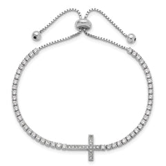 Sterling Silver Rhodium-plated CZ Sideways Cross Adjustable Bracelet QG6388