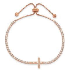 Sterling Silver Rose-tone CZ Sideways Cross Adjustable Bracelet QG6388RP