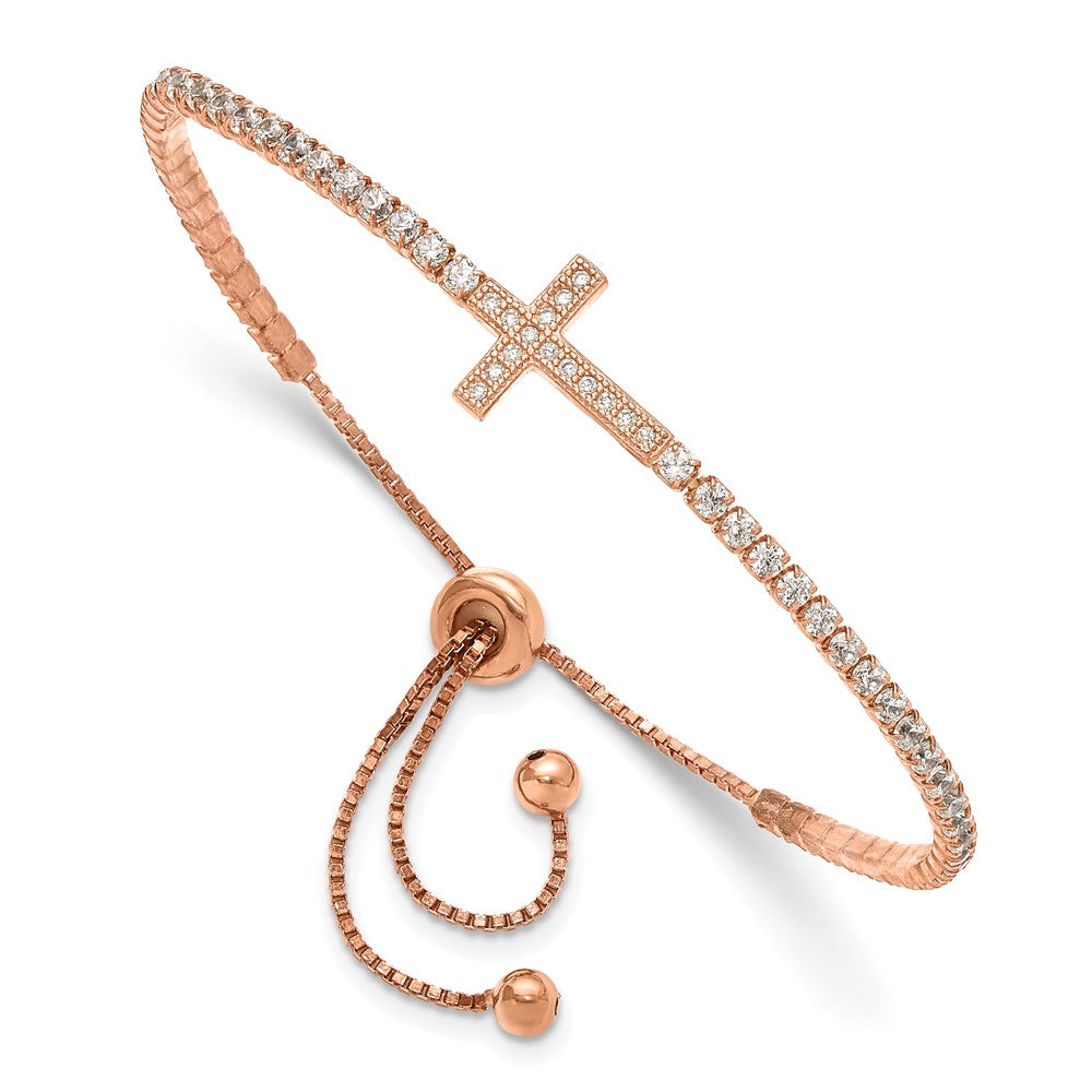Sterling Silver Rose-tone CZ Sideways Cross Adjustable Bracelet QG6388RP