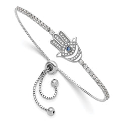 Sterling Silver Rh-plated Clear and Blue CZ Evil Eye Hamsa Adj Bracelet QG6390