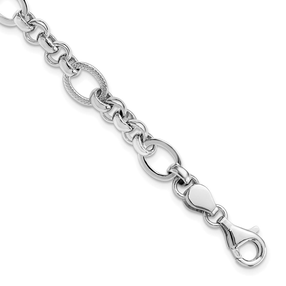 Sterling Silver Rhodium-plated Polished/Textured Fancy Link 7.5in Bracelet QG6396-7.5