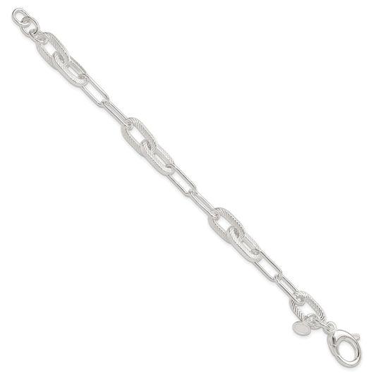 Sterling Silver Polished and Textured Paperclip Link Bracelet QG6398-7.5