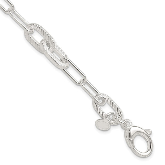 Sterling Silver Polished and Textured Paperclip Link Bracelet QG6398-7.5