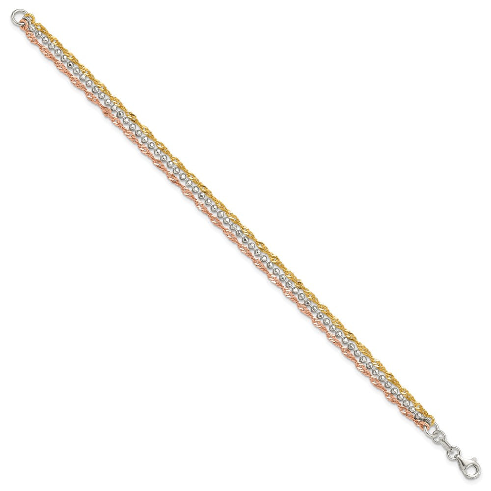 Sterling Silver Gold Tone and Rose Tone 3 Strand 7.5in Bracelet QG6412-7.5