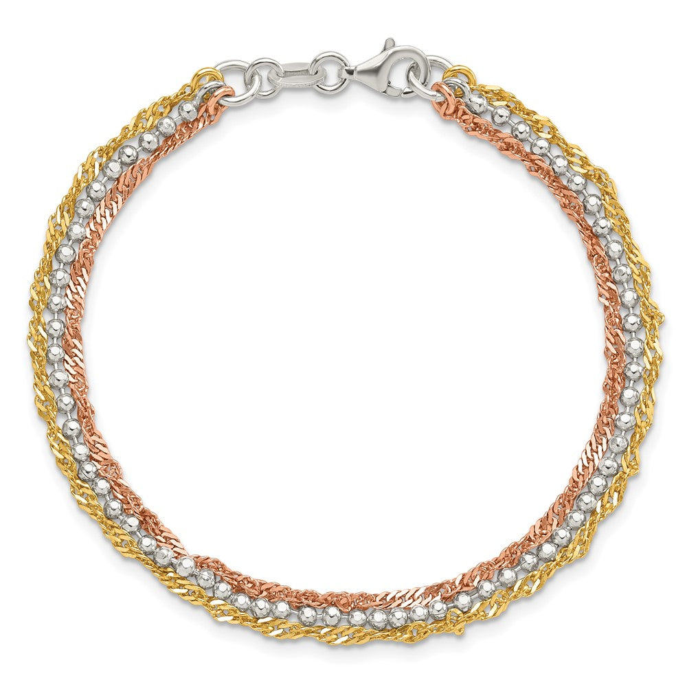 Sterling Silver Gold Tone and Rose Tone 3 Strand 7.5in Bracelet QG6412-7.5