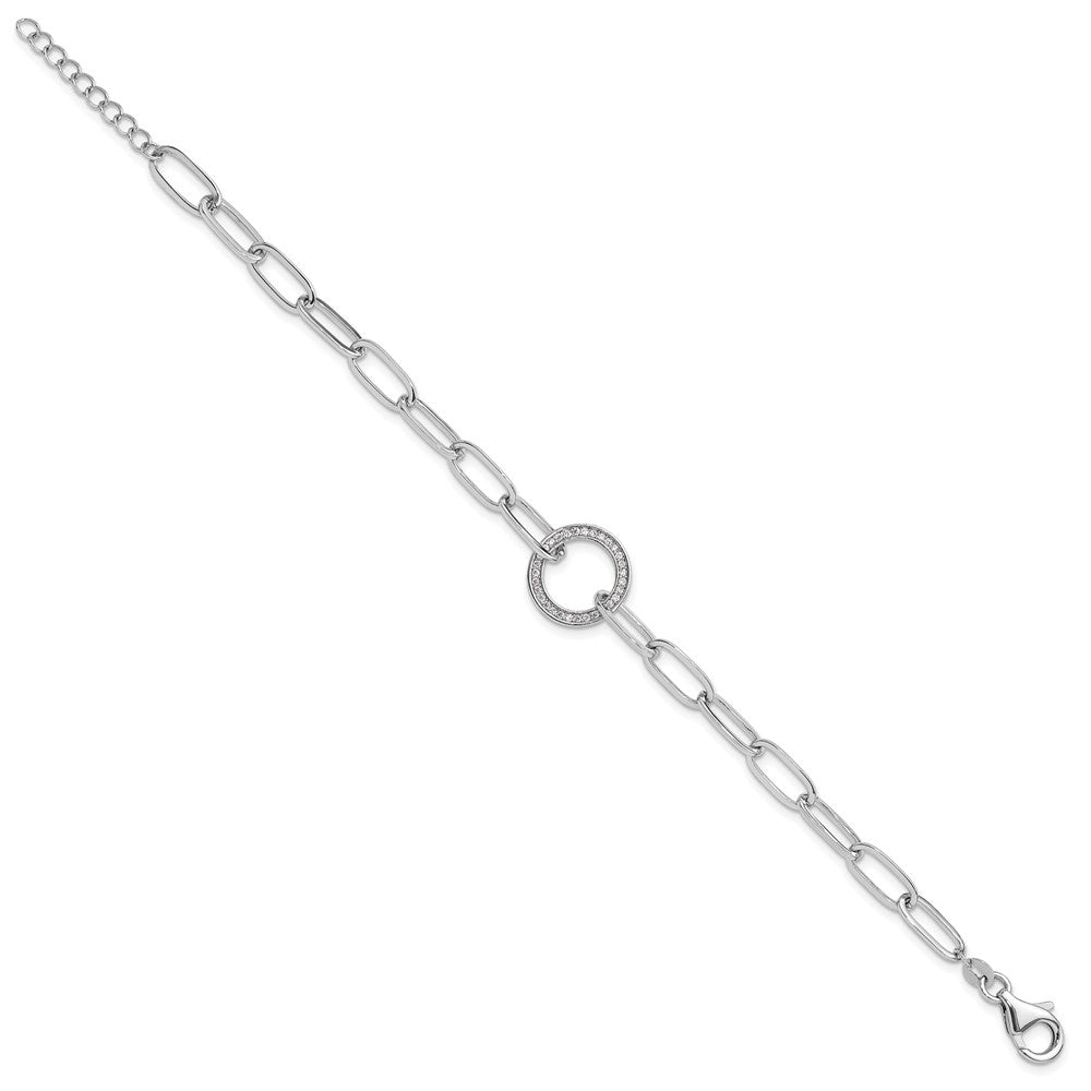 Sterling Silver Rhodium-plated Paperclip CZ Circle with 1in ext. Bracelet QG6447-7