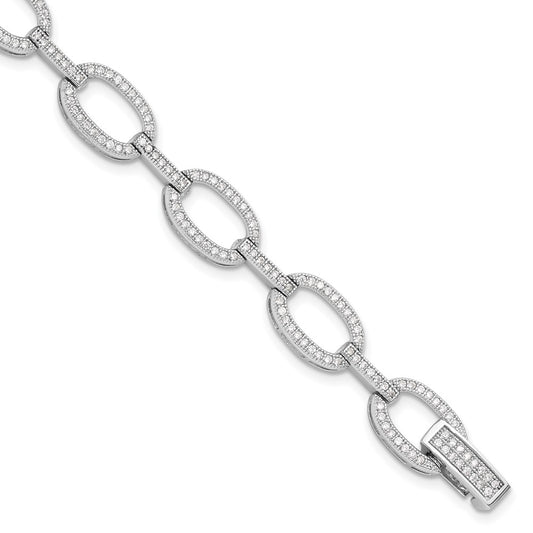 Sterling Silver Rhodium-plated CZ Oval Link Bracelet QG6450-7.5