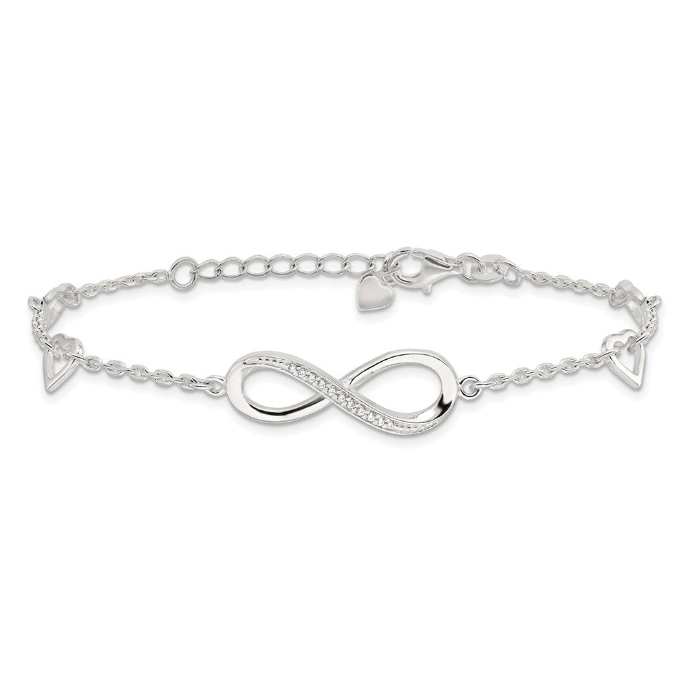 Sterling Silver Rhodium-plated CZ Infinity/Hearts 7in w/1in ext Bracelet QG6462-7
