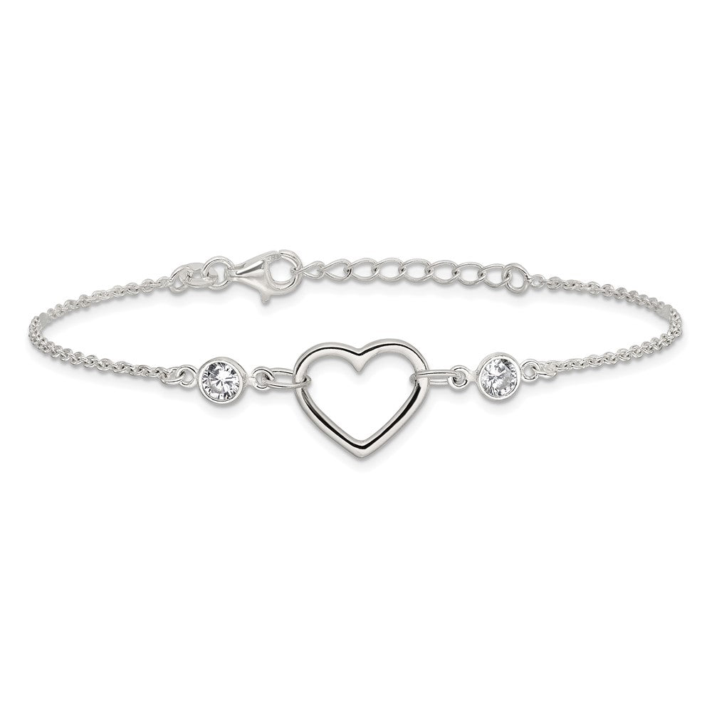 Sterling Silver Rhodium-plated Polished CZ Heart with 1in ext Bracelet QG6466-7