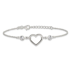 Sterling Silver Rhodium-plated Polished CZ Heart with 1in ext Bracelet QG6466-7