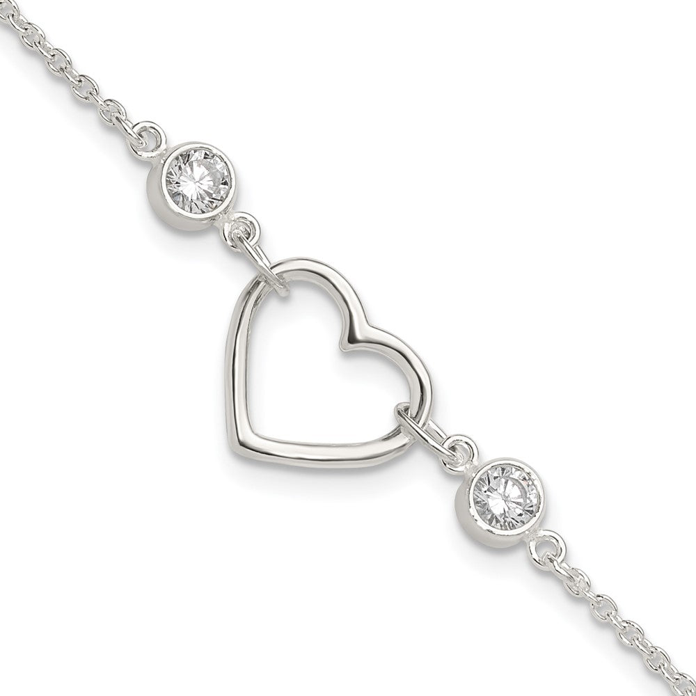 Sterling Silver Rhodium-plated Polished CZ Heart with 1in ext Bracelet QG6466-7