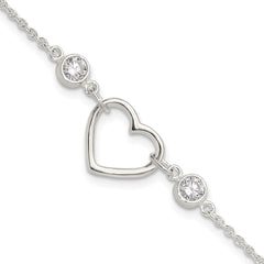 Sterling Silver Rhodium-plated Polished CZ Heart with 1in ext Bracelet QG6466-7