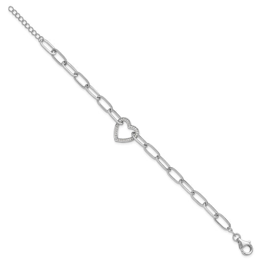 Sterling Silver Rhodium-plated Paperclip CZ Heart with 1in ext. Bracelet QG6468-7