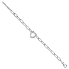 Sterling Silver Rhodium-plated Paperclip CZ Heart with 1in ext. Bracelet QG6468-7