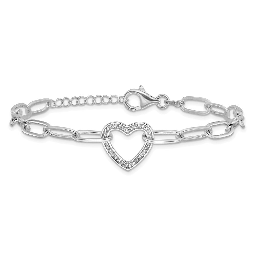 Sterling Silver Rhodium-plated Paperclip CZ Heart with 1in ext. Bracelet QG6468-7