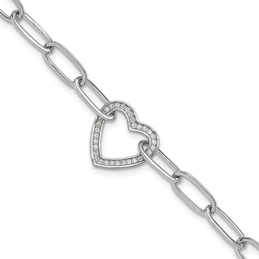 Sterling Silver Rhodium-plated Paperclip CZ Heart with 1in ext. Bracelet QG6468-7