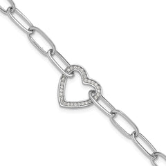 Sterling Silver Rhodium-plated Paperclip CZ Heart with 1in ext. Bracelet QG6468-7