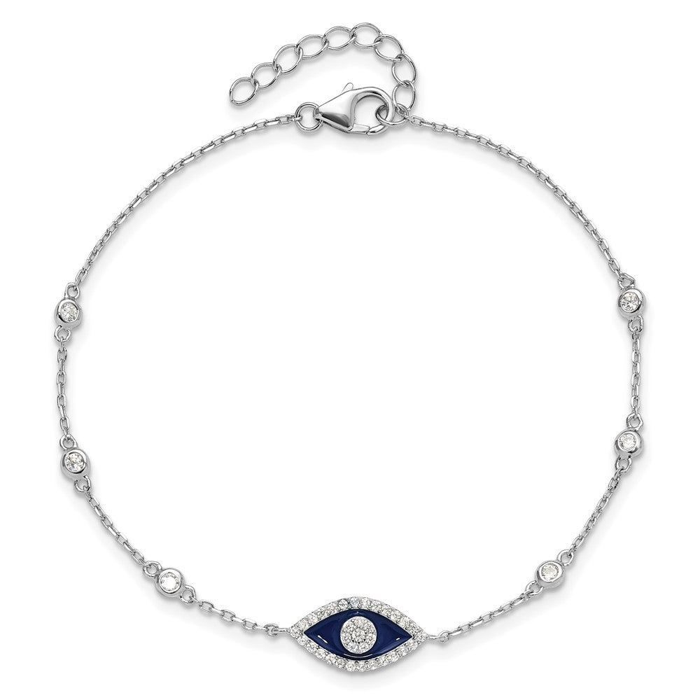 Sterling Silver RH-plated CZ Enamel Evil Eye 7in w/1in ext. Bracelet QG6470-7