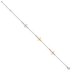 Sterling Silver Rhod-plated Gold/Rose-tone CZ Cross w/1in ext. Bracelet QG6471-7