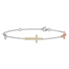Sterling Silver Rhod-plated Gold/Rose-tone CZ Cross w/1in ext. Bracelet QG6471-7