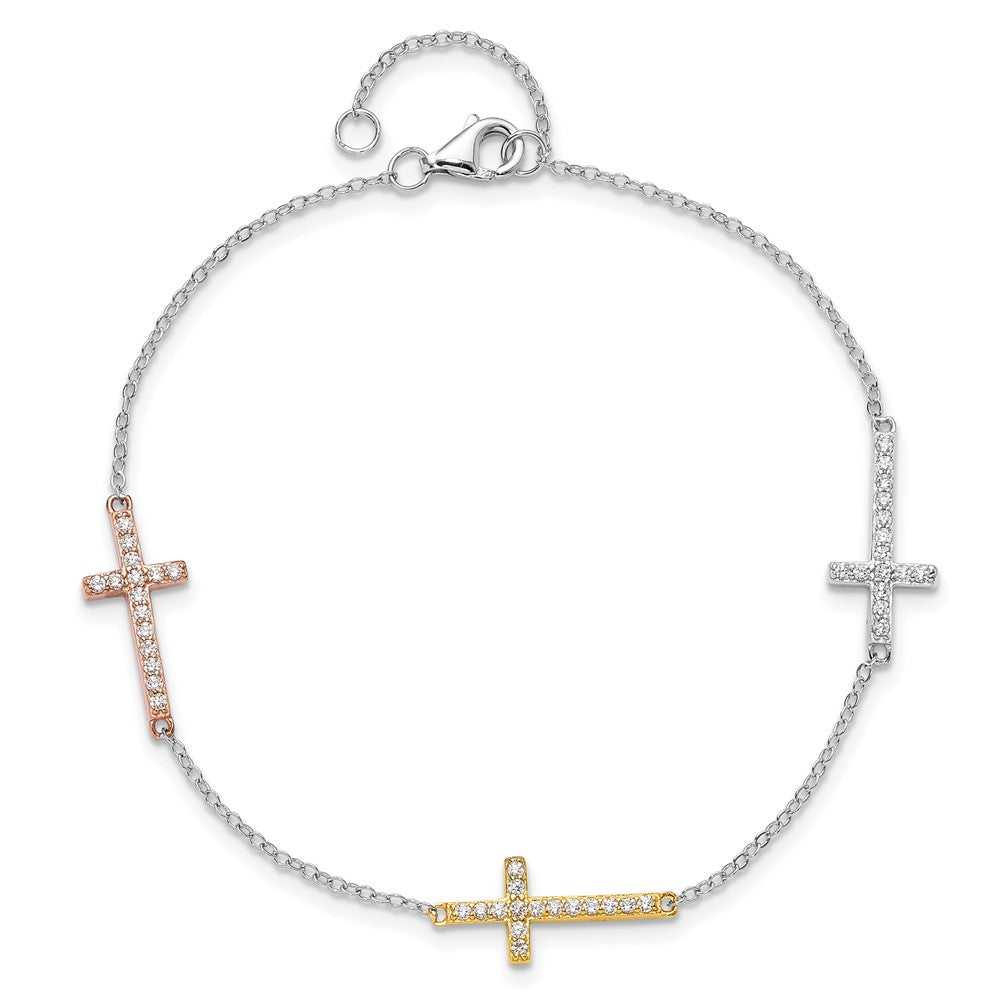 Sterling Silver Rhod-plated Gold/Rose-tone CZ Cross w/1in ext. Bracelet QG6471-7