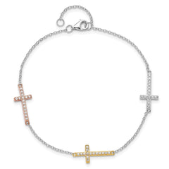Sterling Silver Rhod-plated Gold/Rose-tone CZ Cross w/1in ext. Bracelet QG6471-7