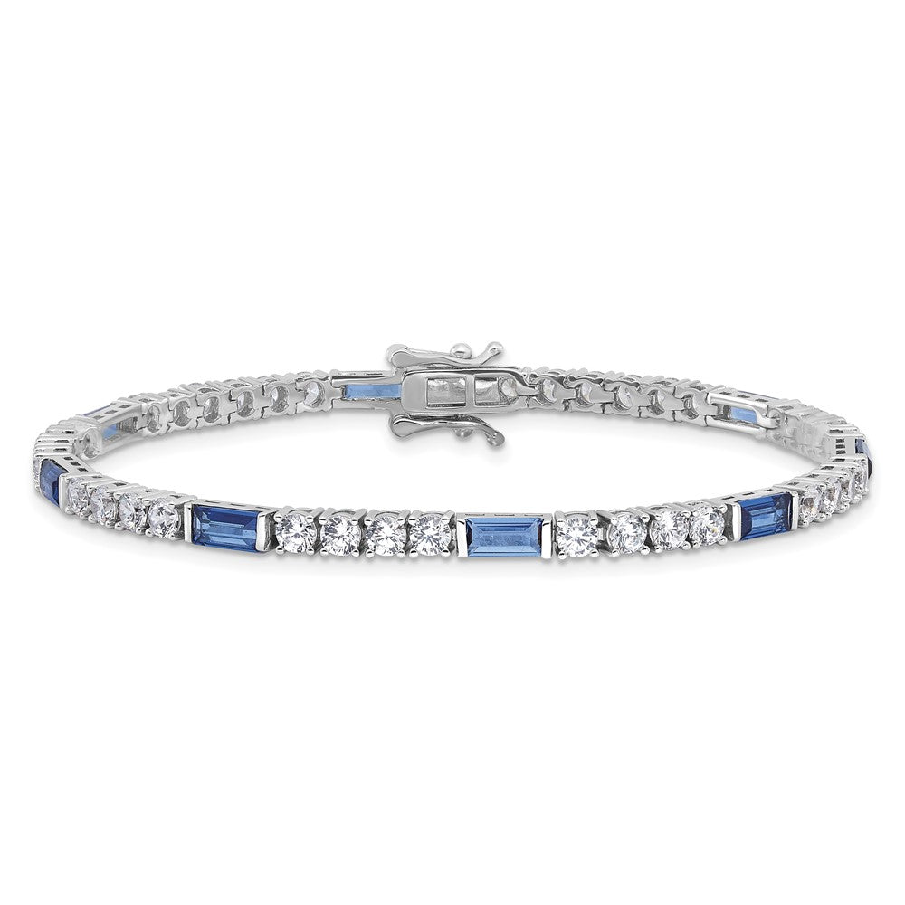 Sterling Silver Rhodium-plated Blue and White CZ 7.25in Tennis Bracelet QG6473-7.25
