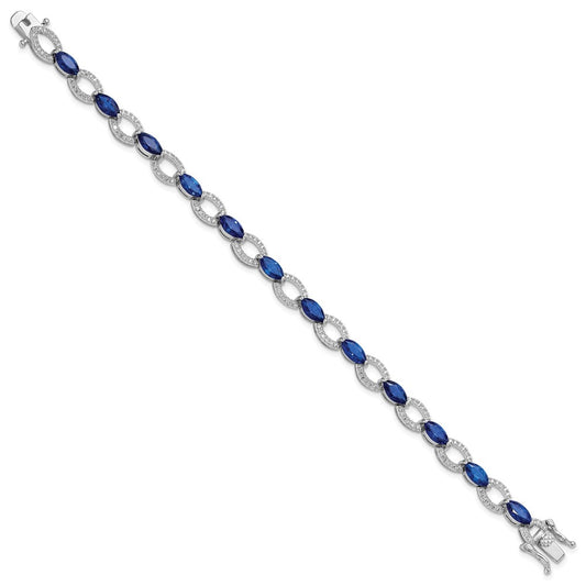 Sterling Silver Rhodium-plated White and Blue CZ Link Bracelet QG6474-7