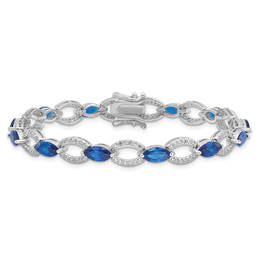 Sterling Silver Rhodium-plated White and Blue CZ Link Bracelet QG6474-7