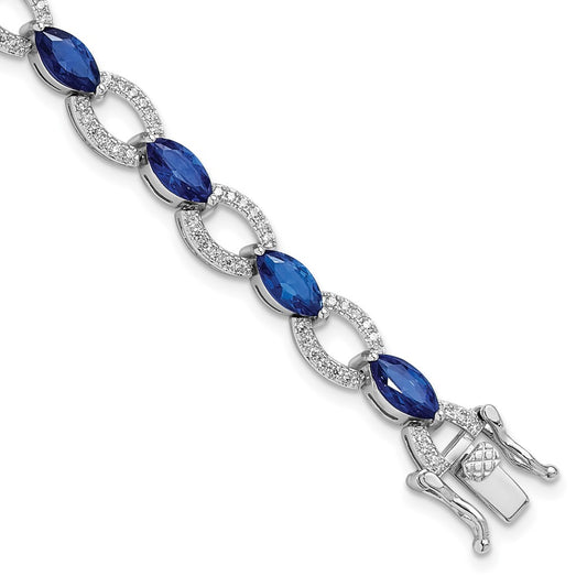 Sterling Silver Rhodium-plated White and Blue CZ Link Bracelet QG6474-7