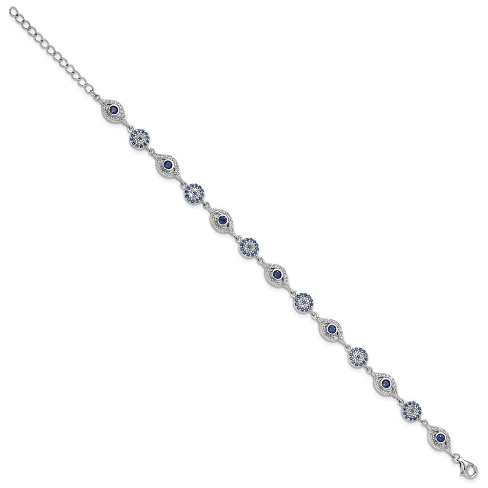 Sterling Silver RH-plated Blue White CZ Evil Eye 7.25in w/1.5in ext. Bracel QG6476-7.25