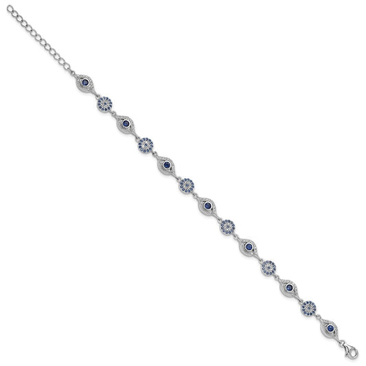 Sterling Silver RH-plated Blue White CZ Evil Eye 7.25in w/1.5in ext. Bracel QG6476-7.25