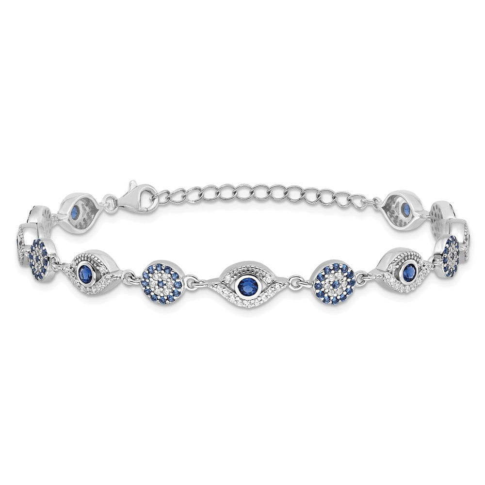 Sterling Silver RH-plated Blue White CZ Evil Eye 7.25in w/1.5in ext. Bracel QG6476-7.25
