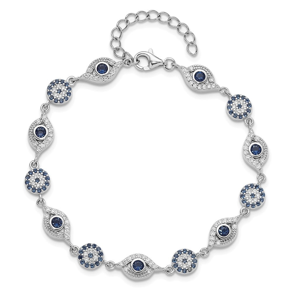 Sterling Silver RH-plated Blue White CZ Evil Eye 7.25in w/1.5in ext. Bracel QG6476-7.25