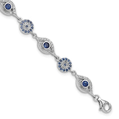 Sterling Silver RH-plated Blue White CZ Evil Eye 7.25in w/1.5in ext. Bracel QG6476-7.25