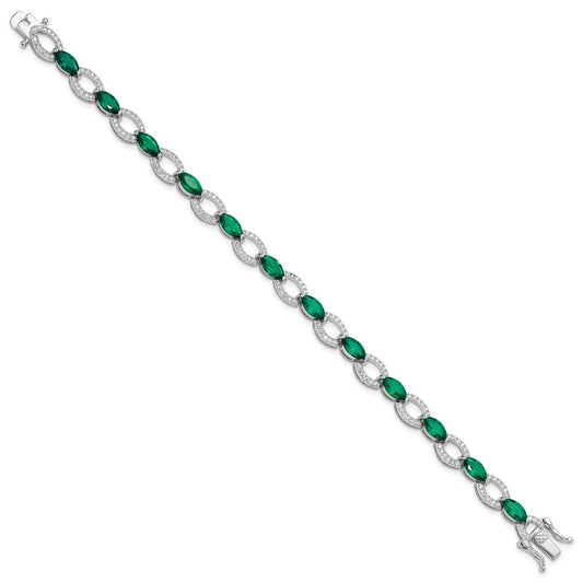 Sterling Silver Rhodium-plated White and Green CZ Link Bracelet QG6479-7