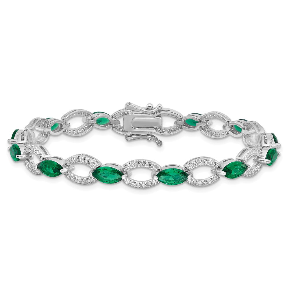 Sterling Silver Rhodium-plated White and Green CZ Link Bracelet QG6479-7