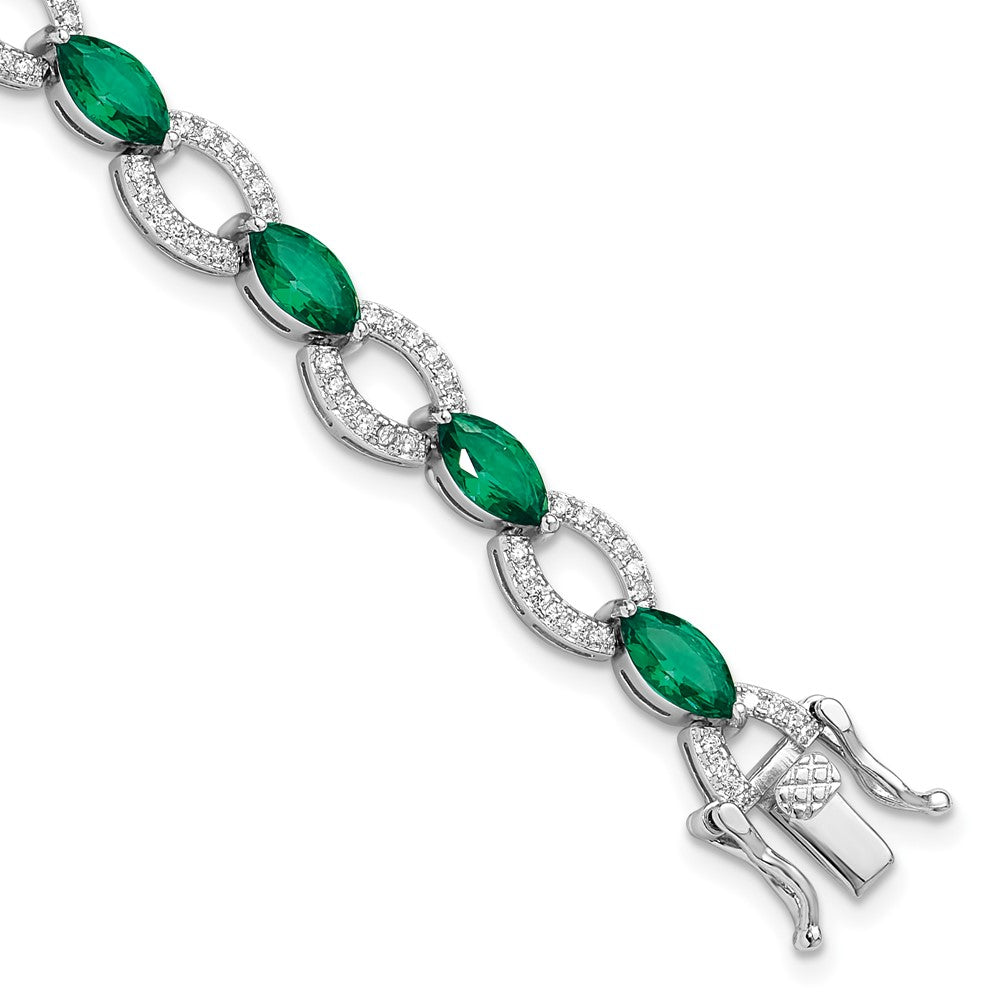 Sterling Silver Rhodium-plated White and Green CZ Link Bracelet QG6479-7