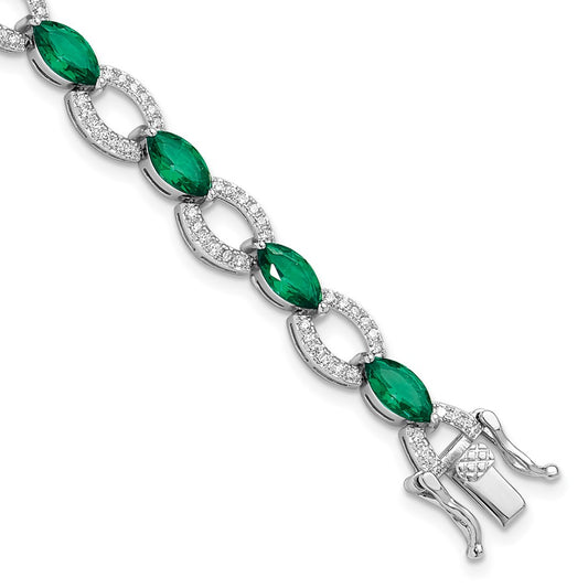 Sterling Silver Rhodium-plated White and Green CZ Link Bracelet QG6479-7