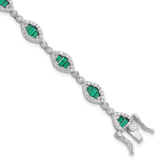 Sterling Silver Rhodium-plated White and Green CZ Link Bracelet QG6480-7