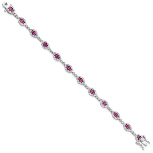 Sterling Silver Rhodium-plated White and Red CZ Link Bracelet QG6481-7