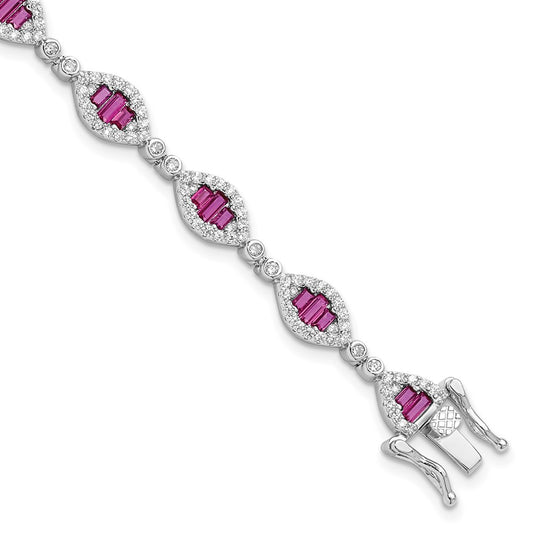 Sterling Silver Rhodium-plated White and Red CZ Link Bracelet QG6481-7