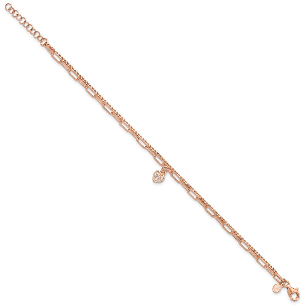 Sterling Silver Rose Gold-plated CZ Heart 6.75in w/1in ext. Bracelet QG6494RP-6.75