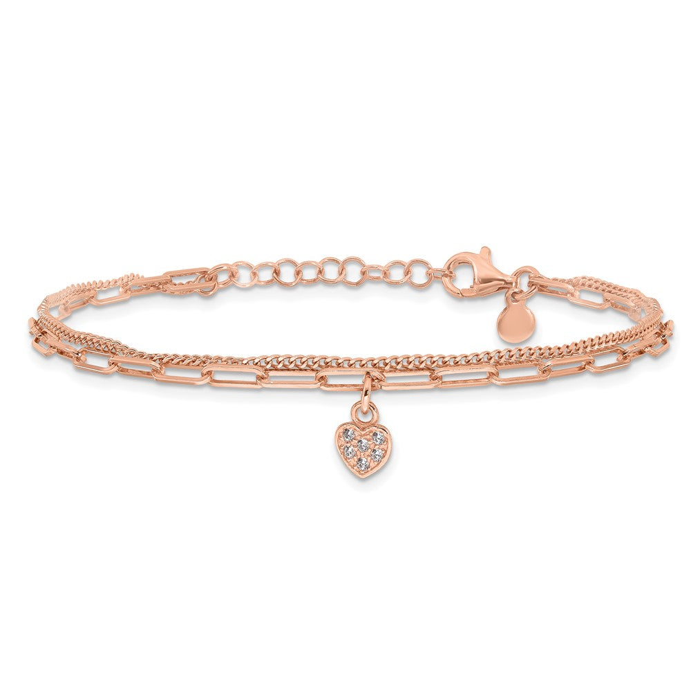 Sterling Silver Rose Gold-plated CZ Heart 6.75in w/1in ext. Bracelet QG6494RP-6.75