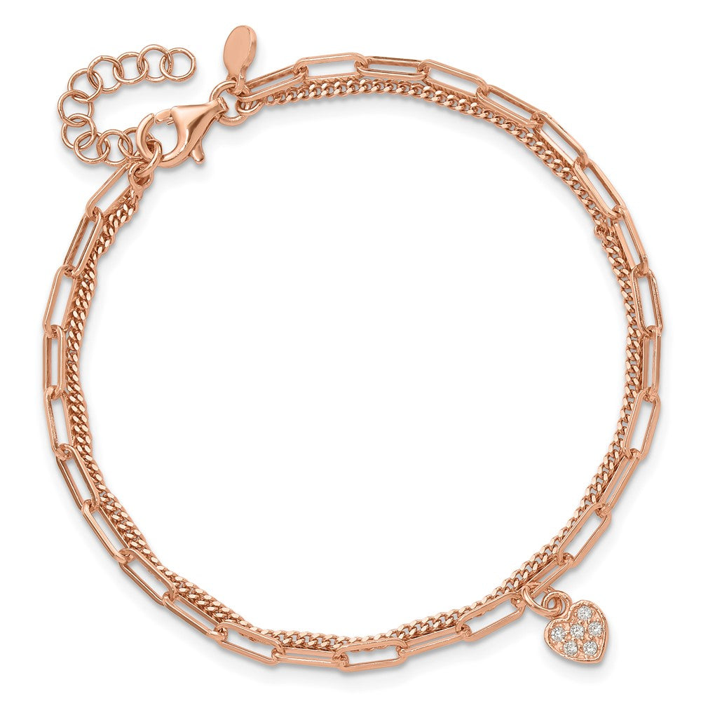 Sterling Silver Rose Gold-plated CZ Heart 6.75in w/1in ext. Bracelet QG6494RP-6.75