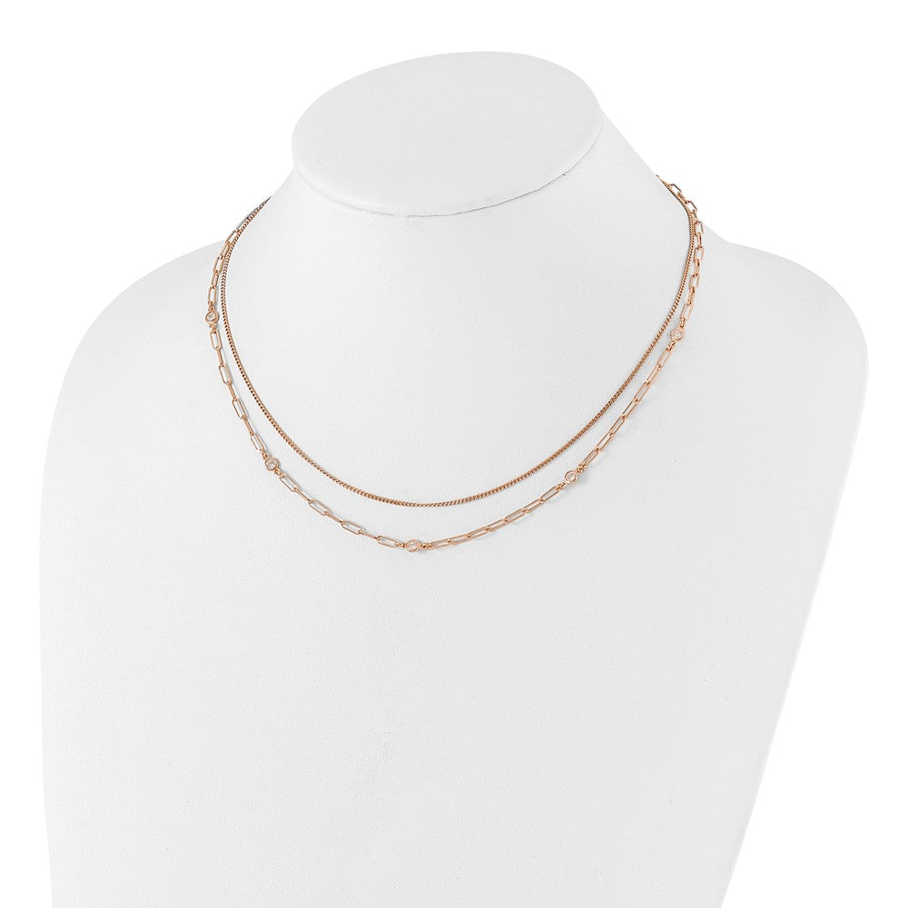 Sterling Silver Rose Gold-plated CZ 2 Strand 17in w/2in ext. Necklace QG6495RP-17