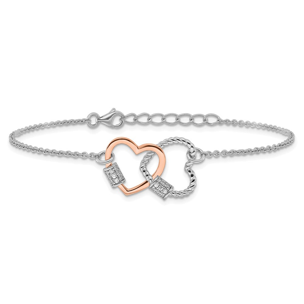 Sterling Silver Rh-plated Rose-tone Double Heart 7in w/1in ext Bracelet QG6547-7