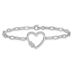 Sterling Silver Rhodium-plated with CZ Heart Paperclip Link 7.5in Bracelet QG6549-7.5