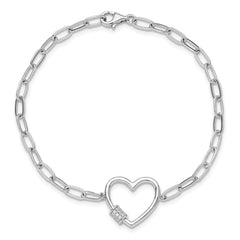 Sterling Silver Rhodium-plated with CZ Heart Paperclip Link 7.5in Bracelet QG6549-7.5